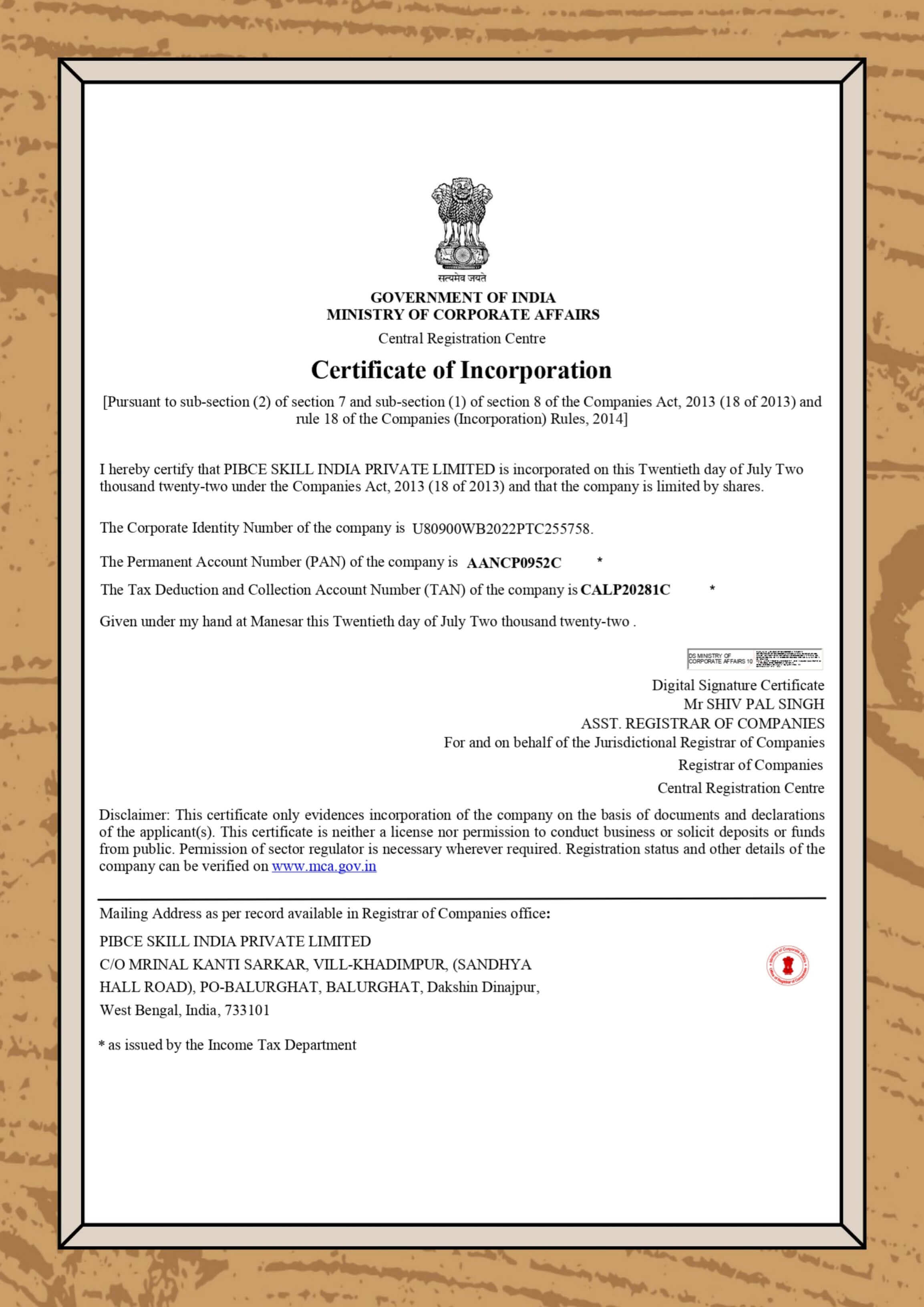 Certificate of Incorporation, MCA- Govt. of India