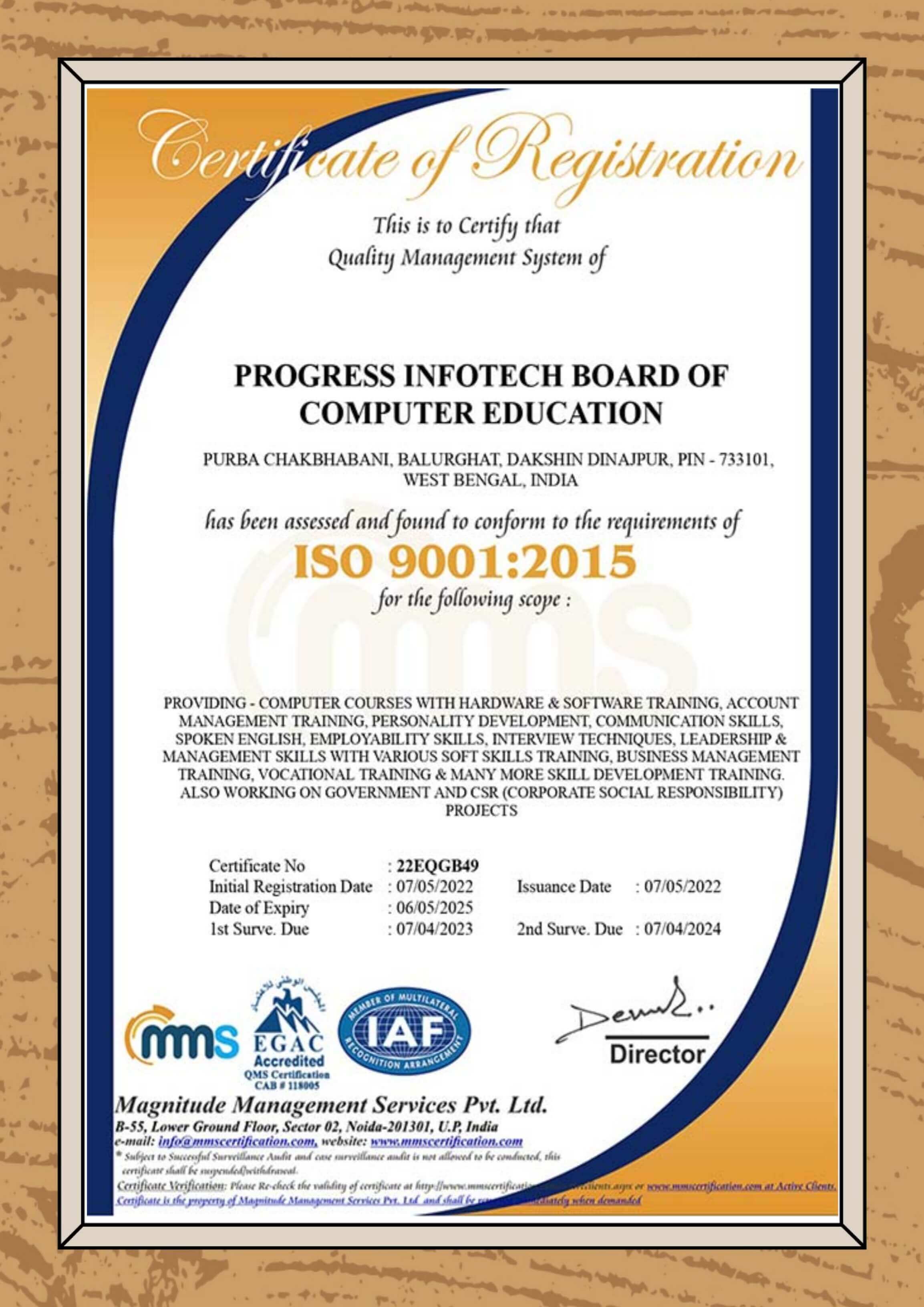 Organization's ISO Certificate with IAF Affilation